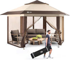 CROWN SHADES 12x12 Pop Up Gazebo with Mosquito Nettings, Patented Center Lock 6-Sided Portable Gazebo, 300D Silver-Coated Fabric UV Resistant, Pop Up Canopy Tent for Patio, Party, Beige&Coffee
