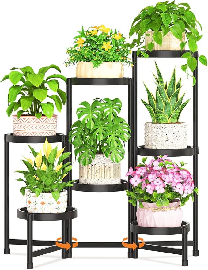 LASZOLA 7 Tiered Folding Plant Stand Indoor for Multiple Large Planter, Tall Heavy Duty Adjustable Rack with Rust Proof Plastic Shelving, Sturdy Vertical Tree Organizer for Narrow Inside Floor, Black