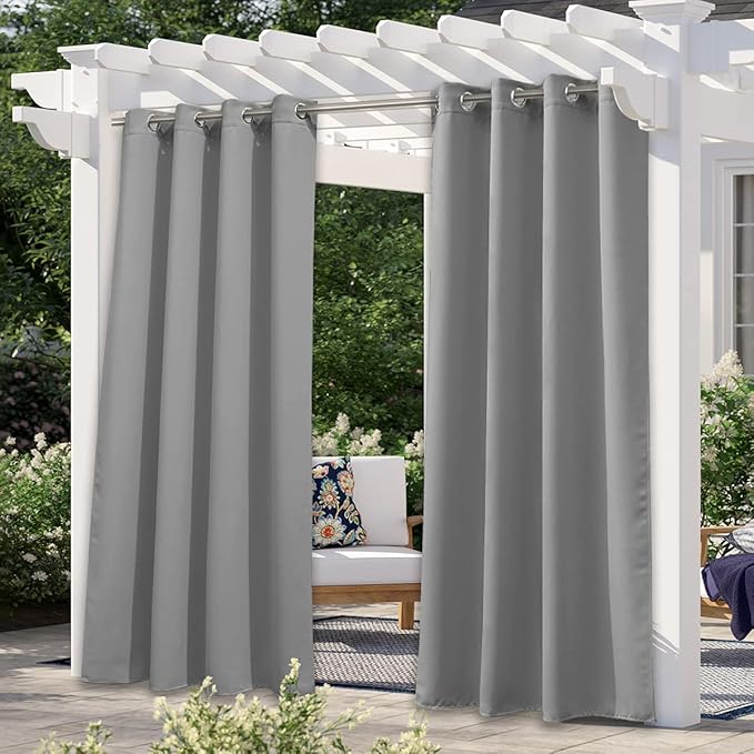 NICETOWN 108" L Outdoor Curtain for Patio Waterproof, Thermal Insulated Stainless Steel Grommet Blackout Outdoor/Indoor Curtain Privacy Protect for Landscape, 1 Panel, 52" Wide, Silver Grey