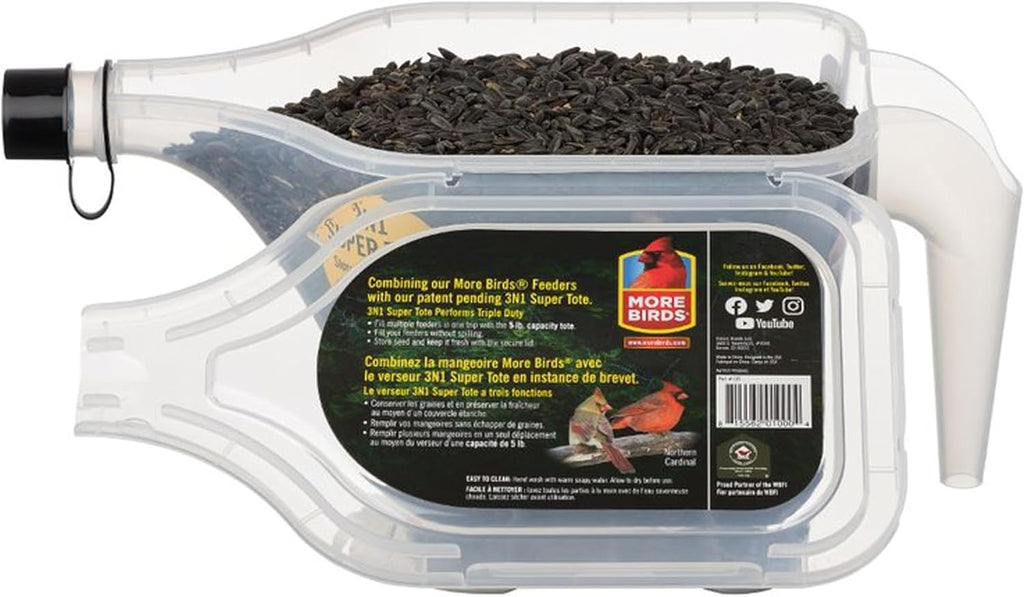 More Birds 3-in-1 Super Tote, 5 lb Capacity Container | Easy Grip Handle & Stackable Design, Portable Seed Holder & Dispenser for Backyard Birding and Wildlife, 100-SF-TOTE