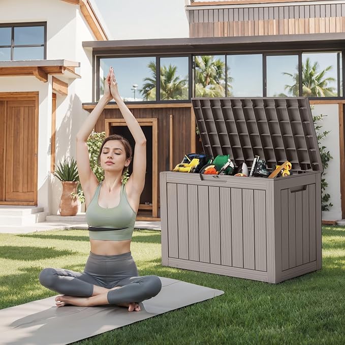45 Gallon Outdoor Storage Box, Weather Resistant & Waterproof Resin Deck Box with UV Protection, Rattan Black Patio Storage Cabinet for Garden, Patio, Porch, Poolside(Gray)