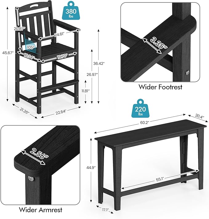 Ciokea Outdoor Bar Height Table Set of 5, 60" Extra Long Rectangle High Top Table and 4 Oversized Adirondack Chairs Set, Heavy-Duty All-Weather HDPE Patio Bar Set for Backyard Balcony Deck, Black