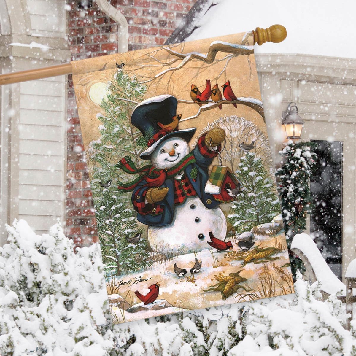 Winter Friends Primitive House Flag Snowman Cardinals Briarwood Lane 28" x 40"