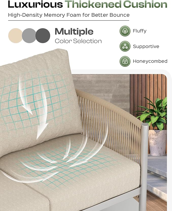 Aluminum Outdoor Patio Furniture Set with Dual-Layer Coffee Table, 5 Piece Modern Patio Conversation Sets with PE Rope, Outdoor Sectional Sofa with Thick Cushions for Balcony, Deck, Beige