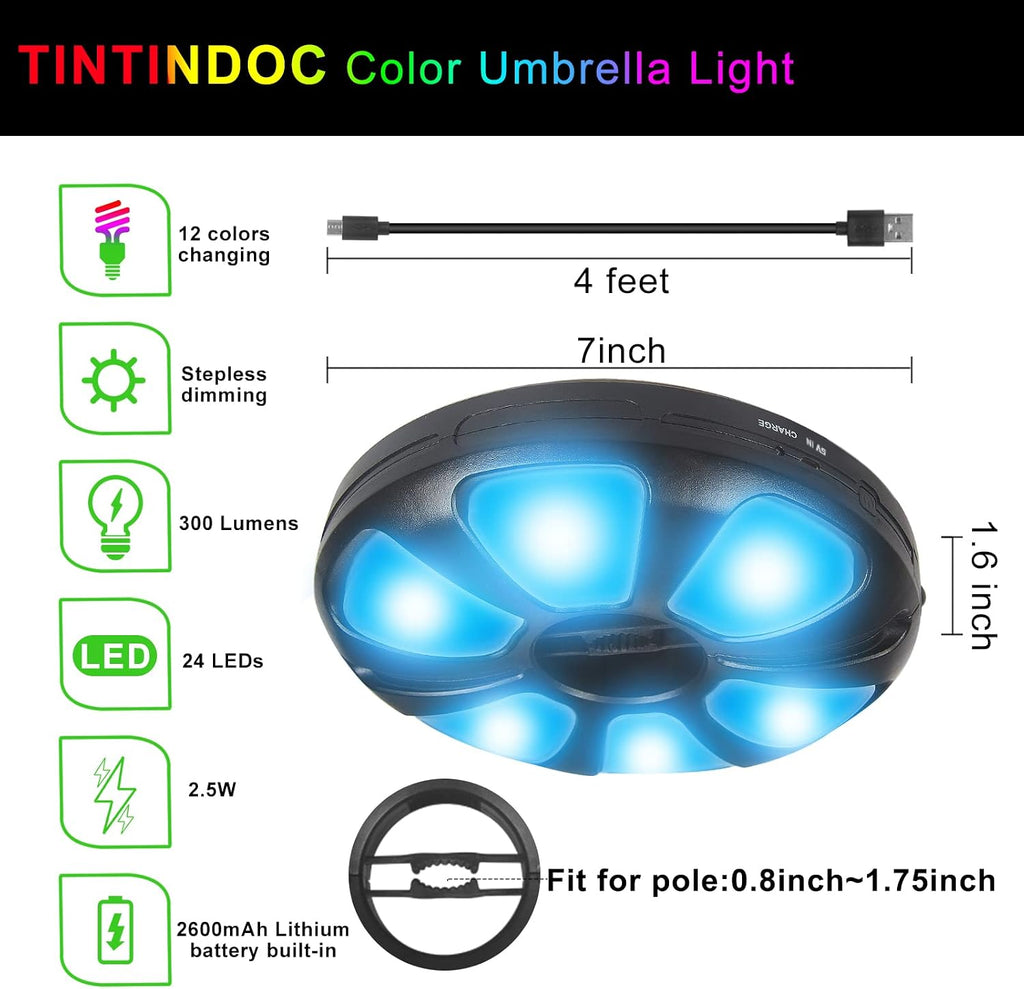 Color Umbrella Light with Remote, Outdoor/Patio Umbrella Light, Rechargeable/AA Battery, Umbrella Pole Light, 300Lumen, Stepless Dimming, for Patio Table