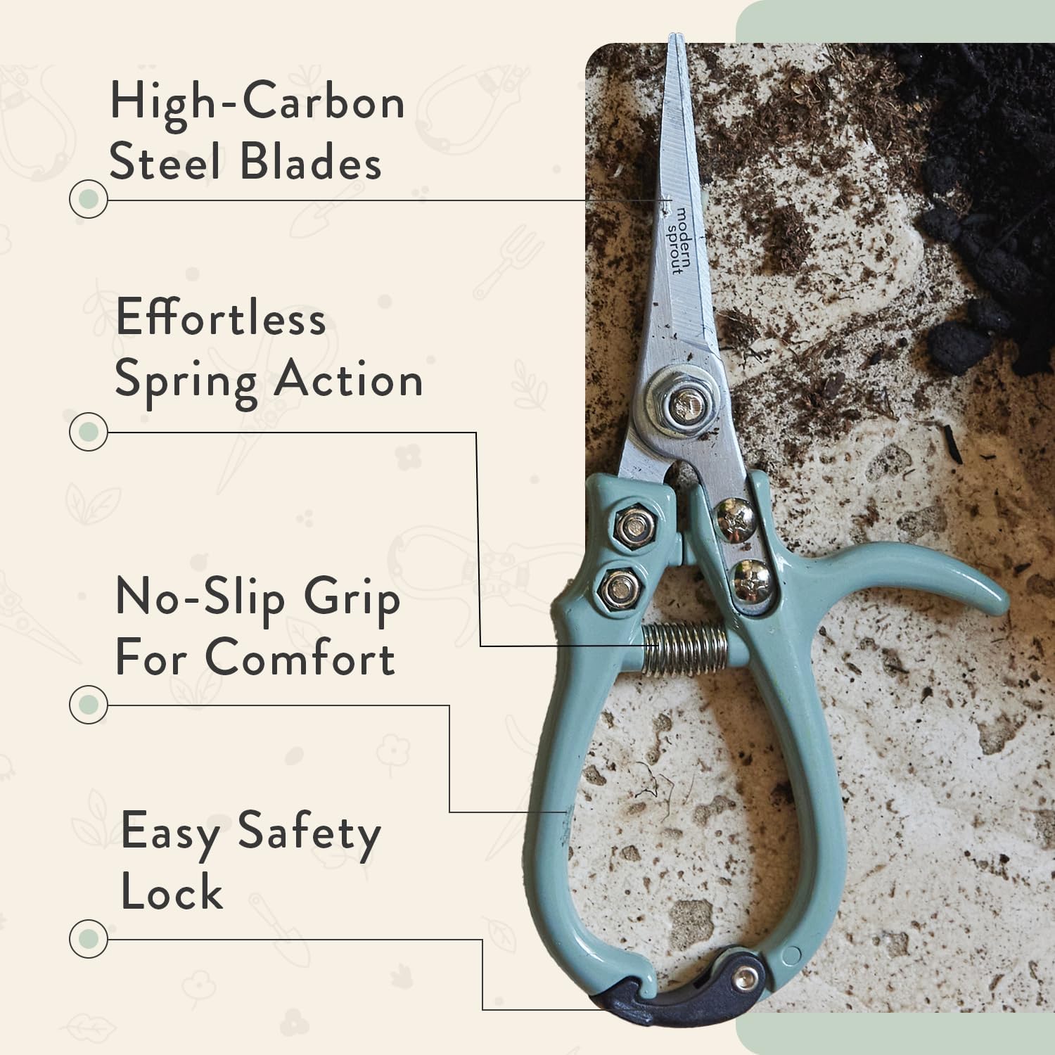 Modern Sprout Pruning Shears - Garden Snips - Herb Scissors - Sage 1-Pack | Lightweight Gardening Tool - Durable Carbon Steel Blade W/Easy-Lock - Gardening Supplies - Flower Cutter - Reusable Holster