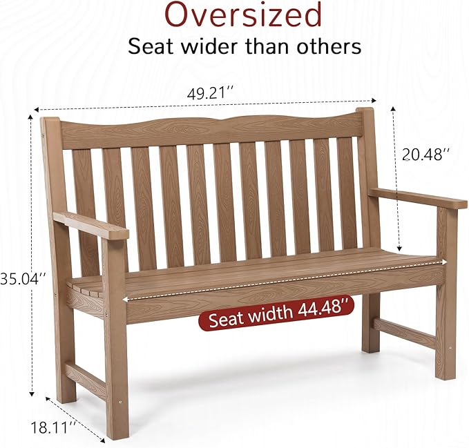 Stoog All-Weather Outdoor Bench, 2-Person Poly Lumber Garden Bench with 800lb Capacity, Never Fade & Rust-Proof, for Backyard, Patio, Deck, and Porch, Teak