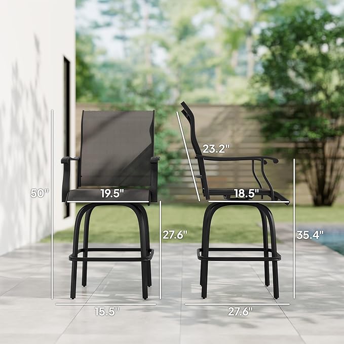 Outsunny Set of 2 Outdoor Swivel Bar Stools with Armrests, Bar Height Patio Chairs with Steel Frame for Balcony, Poolside, Backyard, Black