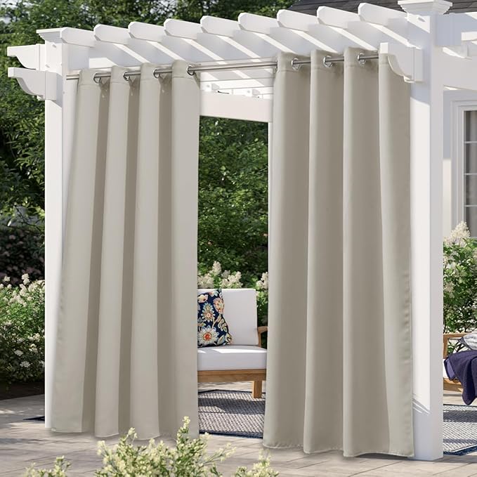 NICETOWN Outdoor Curtains for Patio Waterproof, Rustproof Grommet Room Darkening Thermal Insulated Indoor Outdoor Window Treatments Thermal Drapes for Pergola, Natural, W52 x L84, 1 Panel