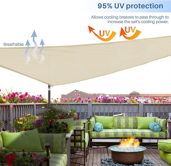 E&K Sunrise 7' x 7' x 7' Sun Shade Sail Triangle Canopy Shade Cover UV Block for Patio Backyard Garden Outdoor (Beige)
