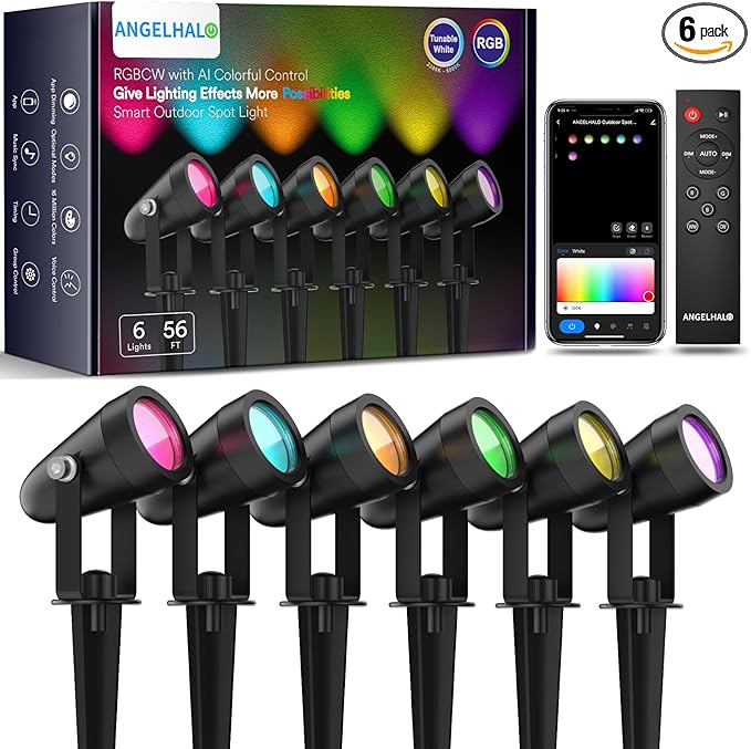 ANGELHALO Smart Landscape Spotlights, Low Voltage IP65 Waterproof Outdoor Spotlights Compatible with APP/Voice/Alexa Control, Color Changing Lights for Yard Garden Pathway Lawn, 6 Pack