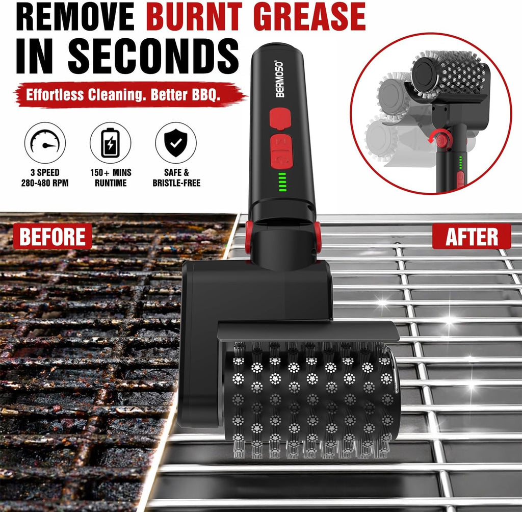 Electric Grill Brush, Rechargeable USB BBQ Grill Cleaner with 3-Speed & 3 Heads, 150+ Min Runtime, Waterproof & Heat Resistant, Cordless Rotary Grill Brush for Outdoor Barbecue Grates