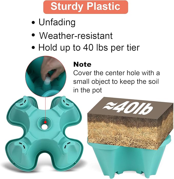 GameXcel Vertical Planter 7 Tier Stackable Planters Garden Planters Strawberry Herb Flower and Vegetable Planter Indoor Outdoor Gardening Pots with Removable Wheels and Tools-Teal 2 Pack
