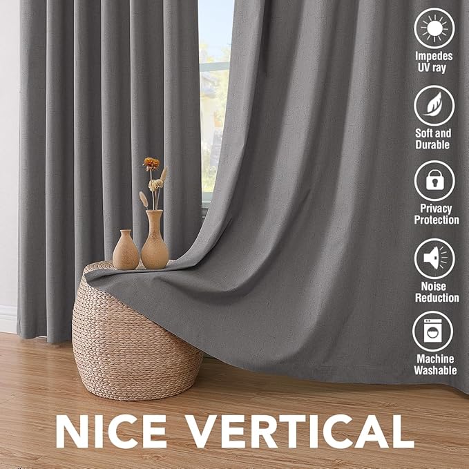 H.VERSAILTEX Linen Blackout Curtains 63 Inches Long 100% Absolutely Blackout Thermal Insulated Textured Linen Look Curtain Draperies Anti-Rust Grommet, Energy Saving with White Liner, 2 Panels, Grey