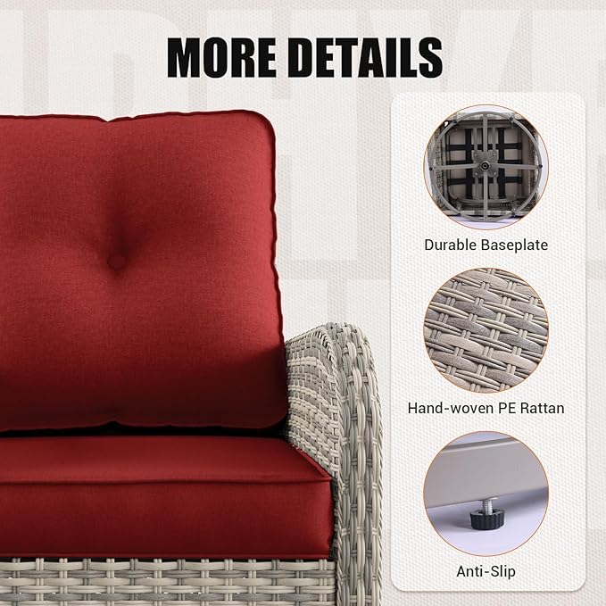 9-Piece Outdoor Patio Furniture Set with Rocking Swivel Chair Wicker Sectional Sofa Set, Patio Conversation Set with Thickened Cushions & Coffee Table for Garden, Backyard, Red