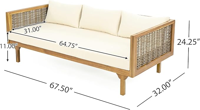 Merax Outdoor Acacia Wood Conversation Set - Patio 3-Seat Loveseat Sofa w/Coushion and Round Coffee Table for Backyard, Lawn, Balcony, Beige +Teak