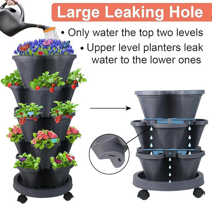 GameXcel Vertical Planter, 5 Tier Stackable Strawberry Planter with Garden Tool Set, Movable Indoor/Outdoor Garden Herb Pot for Growing Vegetables and Succulents, Dark Gray