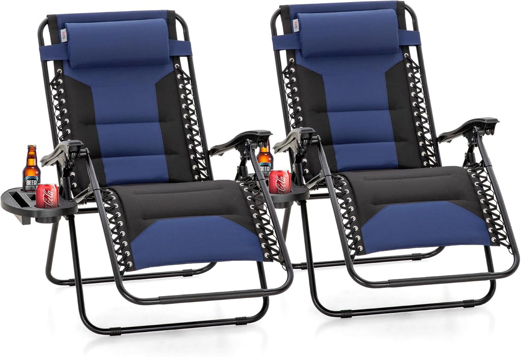 Padded Outdoor Zero Gravity Chair Set of 2, Cup Holder, 28in Seat, Blue | Foldable Outdoor Lounger, Detachable Cup Holder, 28in Seat, 400 LBS Weight Capacity, Equipped with Armrest