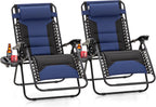 Padded Outdoor Zero Gravity Chair Set of 2, Cup Holder, 28in Seat, Blue | Foldable Outdoor Lounger, Detachable Cup Holder, 28in Seat, 400 LBS Weight Capacity, Equipped with Armrest