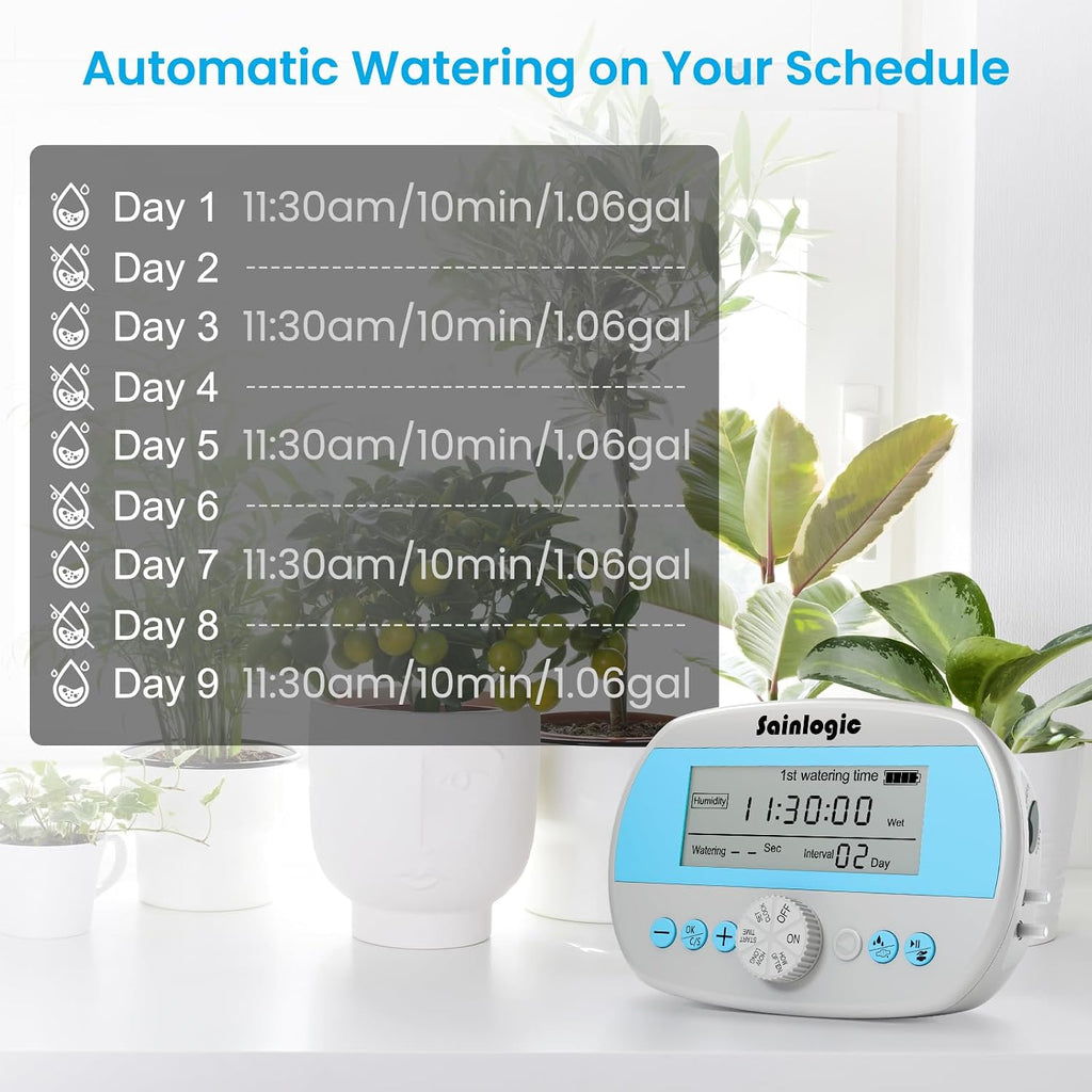 Sainlogic Automatic Plant Waterer for 15 Potted Plants, Self-Watering System with Humidity Monitor Display, Deep Root Irrigation, IP64 Programmable Timer, Ideal for Vacation, Travel and Indoor Garden
