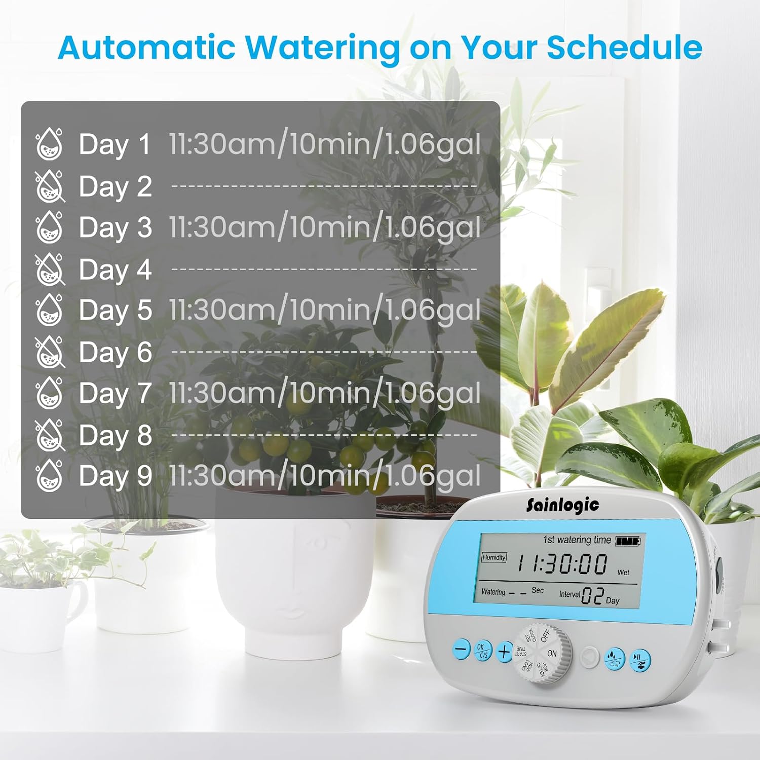 Sainlogic Automatic Plant Waterer for 15 Potted Plants, Self-Watering System with Humidity Monitor Display, Deep Root Irrigation, IP64 Programmable Timer, Ideal for Vacation, Travel and Indoor Garden