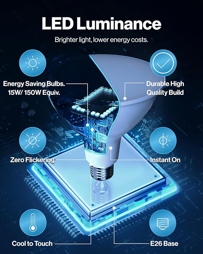 Sunco 6 Pack Outdoor Flood Light Bulbs, PAR38 LED Flood Lights Waterproof, 1800 LM, 15W (150W Equivalent), 5000K Daylight, Dimmable, E26 Base, Wet Rated UL.