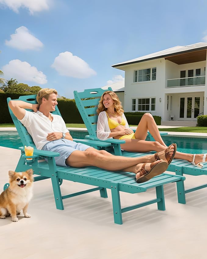 Carauci Lounge Chair Outdoor Set of 4, HDPE Chaise Lounge with Wheels, 5-Position Adjustable Backrest & 2 Cup Holders Patio Lounge Chair, All-Weather Pool Sun Lounger for Poolside, Backyard, Lake Blue
