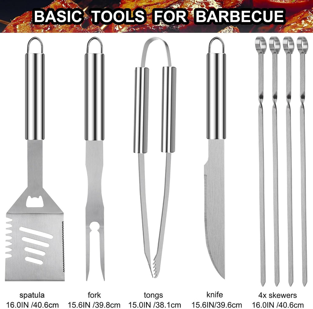 grilljoy 24PCS BBQ Grill Tools Set with Meat Thermometer and Injector - Extra Thick Stainless Steel Fork, Spatula& Tongs - Complete BBQ Accessories in - Perfect Grill Gifts for Father's Day