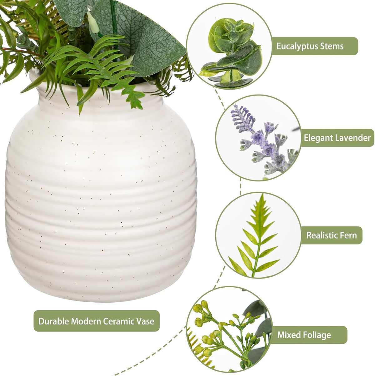 artificial eucalyptus & lavender arrangement in ceramic vase showing dimensions