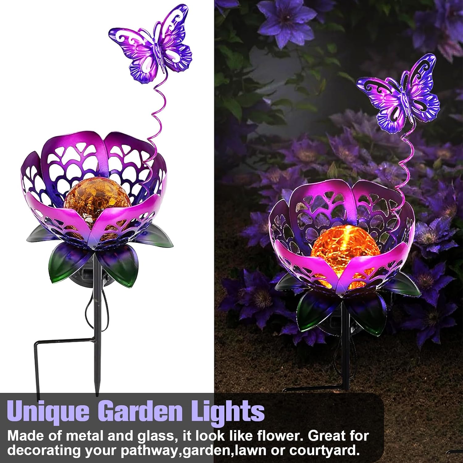 Solar Path Light, 2 Pack Crackle Glass Globe LED Lights, Metal Butterfly Decorations Lights, Hollow Petal Tulip Stake Light for Patio Yard Walkway Ground Lawn Ornaments Gifts (Purple Flower - 2pcs)