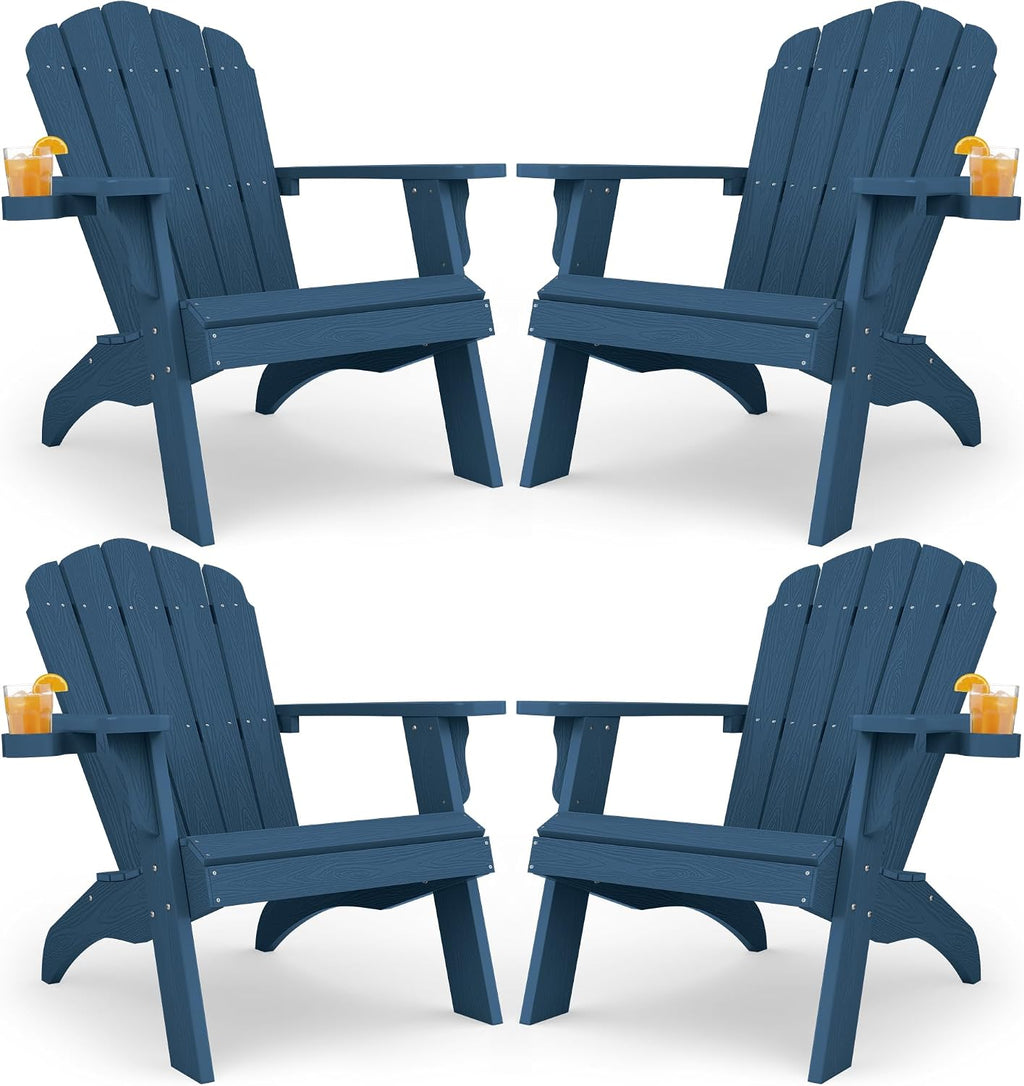 YEFU Oversized Adirondack Chair Set of 4 with Cup-Holder- Navy Blue | Heavy Duty Poly Lumber Outdoor Fire Pit Chair, Weather Resistant, Plastic Chair for Patio, Lawn, Deck, Weight Capacity 450lbs