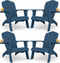YEFU Oversized Adirondack Chair Set of 4 with Cup-Holder- Navy Blue | Heavy Duty Poly Lumber Outdoor Fire Pit Chair, Weather Resistant, Plastic Chair for Patio, Lawn, Deck, Weight Capacity 450lbs