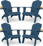 YEFU Oversized Adirondack Chair Set of 4 with Cup-Holder- Navy Blue | Heavy Duty Poly Lumber Outdoor Fire Pit Chair, Weather Resistant, Plastic Chair for Patio, Lawn, Deck, Weight Capacity 450lbs