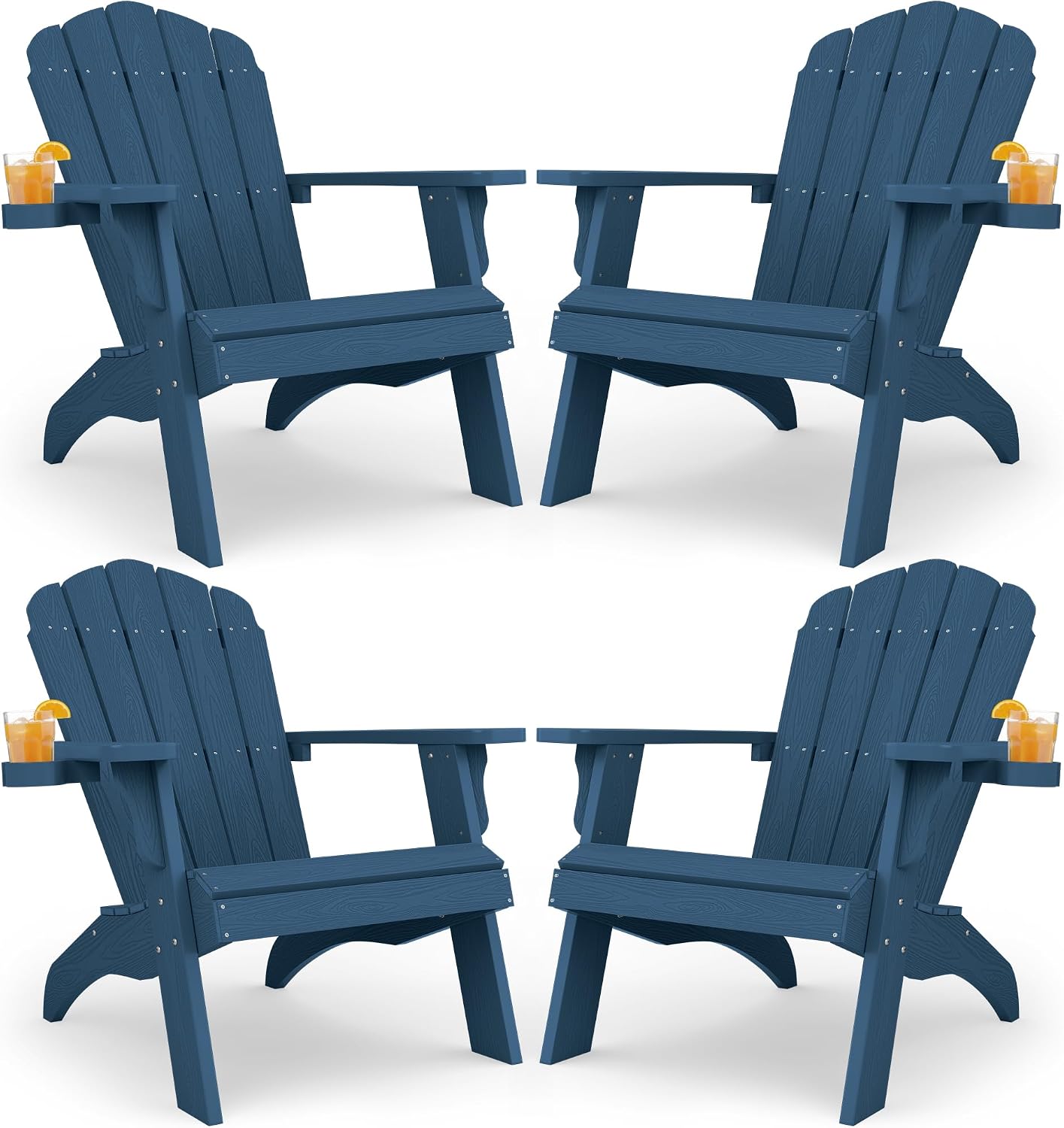 YEFU Oversized Adirondack Chair Set of 4 with Cup-Holder- Navy Blue | Heavy Duty Poly Lumber Outdoor Fire Pit Chair, Weather Resistant, Plastic Chair for Patio, Lawn, Deck, Weight Capacity 450lbs