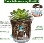 20 Pack 5 Inch Clear Self Watering Plant Pots with Bottom Water Tray & Watering Rope, Transparent Nursery Pots with Drainage for Seedlings, Herbs, and Houseplants