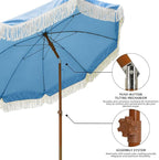 AMMSUN 7ft Patio Umbrella with Fringe Outdoor Tassel Umbrella UPF50+ Premium Steel Pole and Ribs Push Button Tilt, Sky Blue