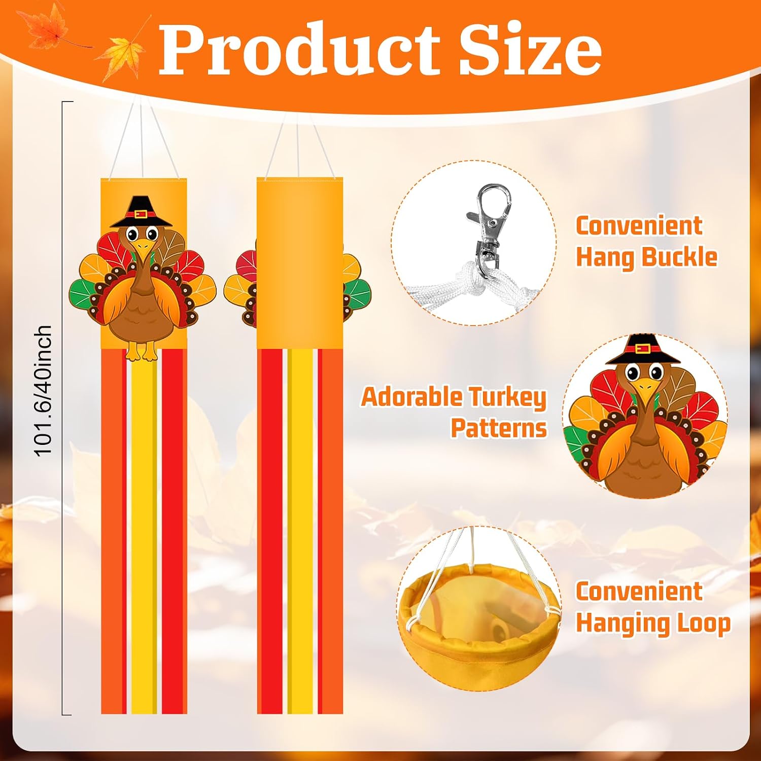 40 Inches Thanksgiving Turkey Windsock Decoration, Hanging Outdoor Fall Decor with Pilgrim Hat and Colorful Streamers, Festive Harvest-Themed Wind Sock Ornament for Garden, Patio, and Yard