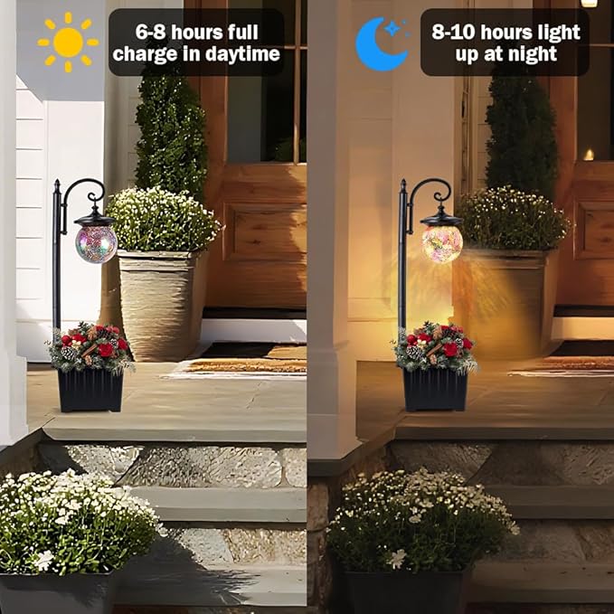 Solar Lamp Post Light with Planter, Matte Black Outdoor Flower Pots with Mosaic Glass, 2 in 1 Waterproof Solar Outdoor Lights for Porch Front Door Patio