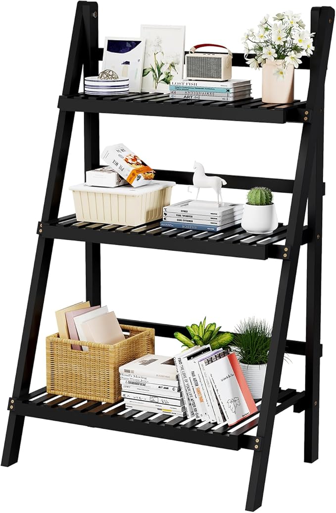39.4" Foldable Plant Shelf Ladder Shelf, 3 Tier Bamboo Ladder Flower Pot Display Shelf, Freestanding Ladder Bookshelf for Garden, Balcony, Yard, Living Room, 23.6" W x 15" D x 39.4" H, Black
