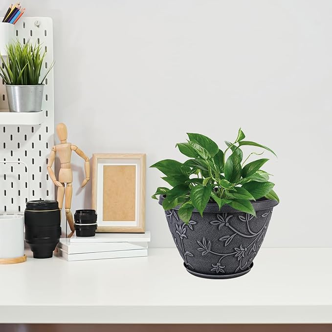 4 Pack 8 Inch Flower Pots for Outdoor Indoor, Plastic Plant Pots with Drainage Hole & Saucer, Lightweight Small Resin Flower Pot, Imitation Magnolia Pots for Garden House planters（Gray）