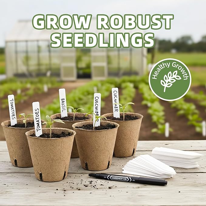 70Pcs Biodegradable 4” Peat Pots with 70Pcs Plant Labels, Biodegradable Seed Starter Pots with Drainage Holes, Nursery Pots for Seedlings, Herbs, Vegetables, Flowers, Gardening Kit