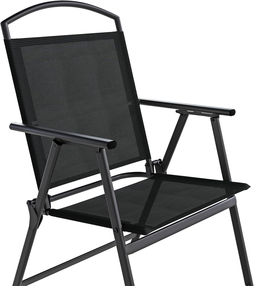 Outdoor Patio Chairs Set of 2, Folding Lawn Chairs, Black | Foldable Lightweight Dining Chairs with Armrests & Back Support, Breathable Textilene & Metal Frame for Deck, Lawn, Camping