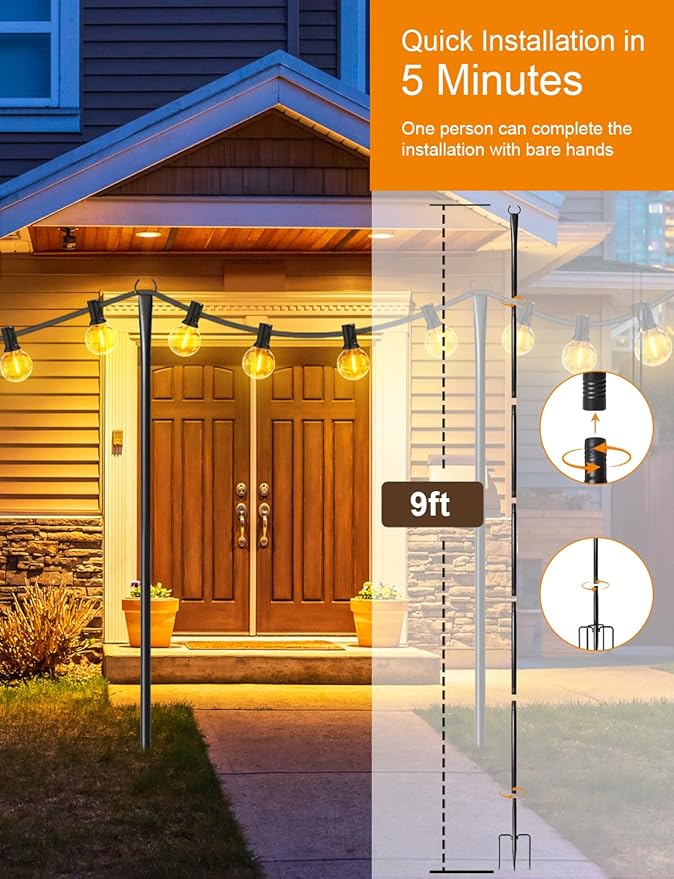6 Pack String Light Poles for Outside, Thickened Metal Lights Hanger Pole Outdoor with Fork, Lighting Hanging Post Accessories for Patio Decor Garden Backyard Yard Front Porch Outside Decorations