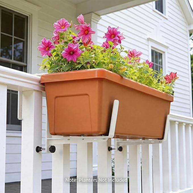 Window Box Brackets, Adjustable Planter Box Brackets, Heavy Duty Iron Flower Box Brackets for Railings, with Enhanced Bottom Support - Perfect for Balconies, Fences, and Gardens (White, 6 Pack)
