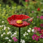 Ceramic Bee Watering Station for Garden, Handmade Flower Shaped Bird Bath with Stake, Outdoor Pollinator Feeder Cups for Wild Birds, Butterflies & Squirrels, Decorative Plant Pot Water Bowl (Red)