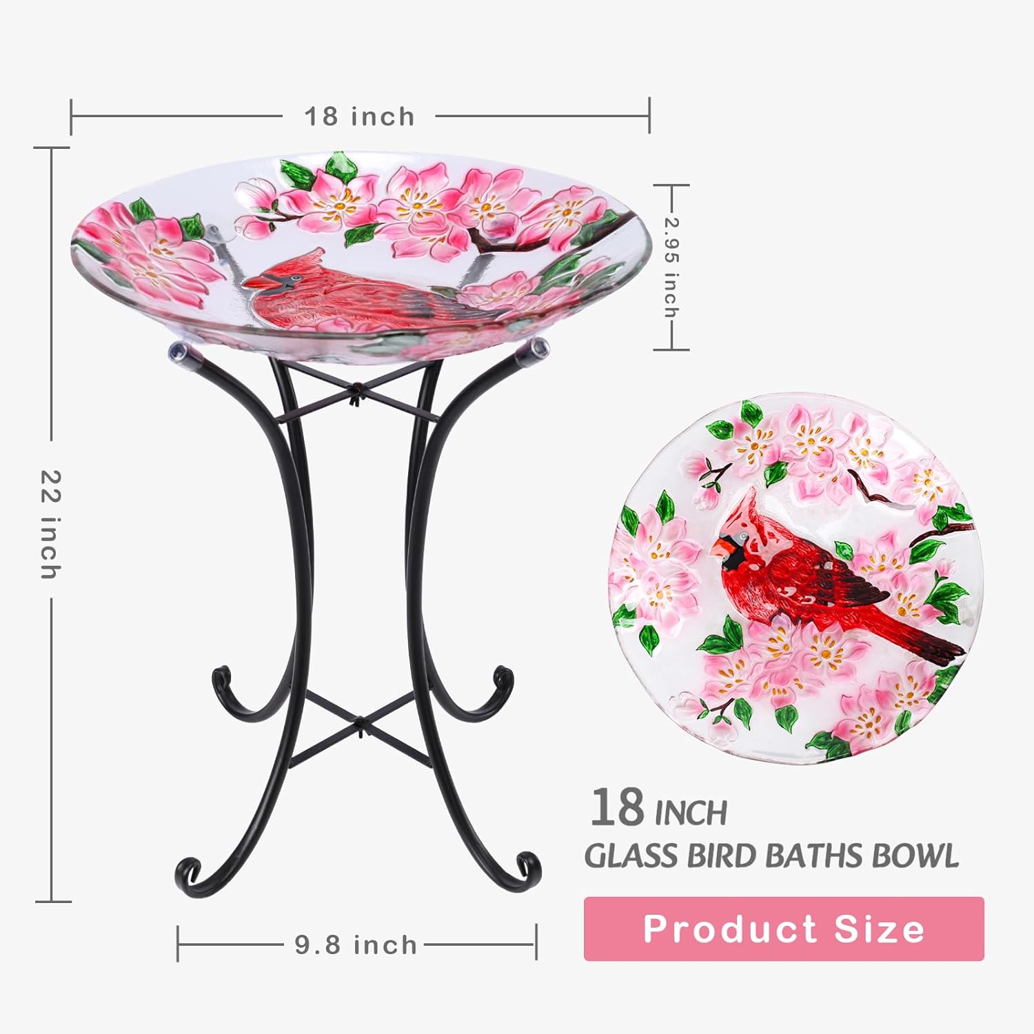 VCUTEKA Outdoor Bird Bath, Glass BirdBath with Metal Stand for Garden Decor | 18" D 22" H Bird Baths for Outdoors, Glass Cardinal Large Bird Bath for Garden, Bird Lovers, Yards, Patio, Decor