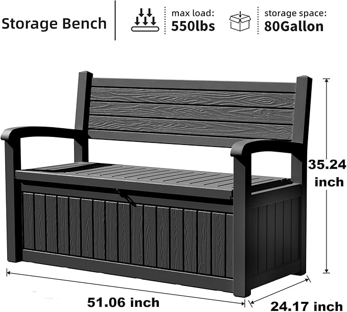 80 Gallon Outdoor Storage Bench Deck Box Waterproof Lockable,Outdoor Storage Furniture for Patio,Garden and Porch,Tools and Cushions（ Black Stripe）