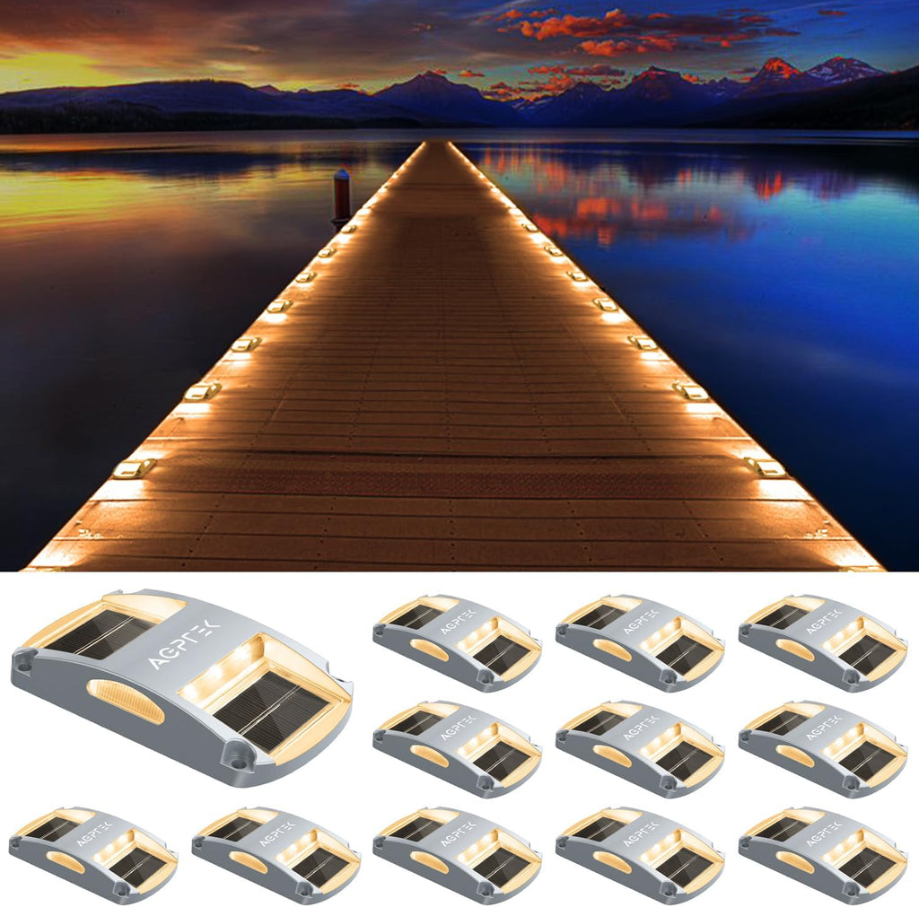 AGPTEK Solar Driveway Lights 12 Pack, Outdoor Deck Dock Marine Waterproof | LED Solar Powered Driveway Marker Lights for Warning Step, Sidewalk, Pathway, Garden, Yard (Warm White)