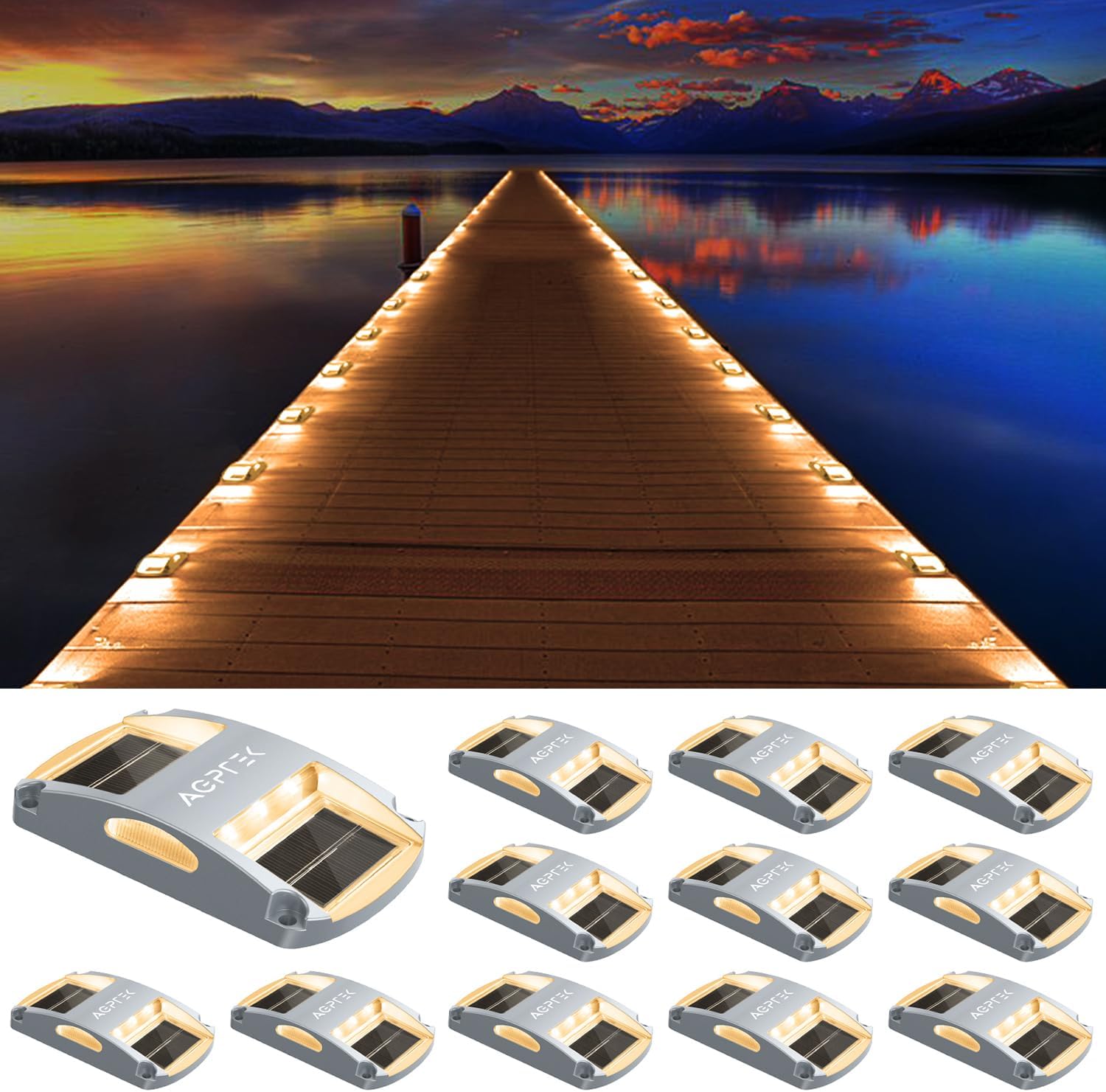 AGPTEK Solar Driveway Lights 12 Pack, Outdoor Deck Dock Marine Waterproof | LED Solar Powered Driveway Marker Lights for Warning Step, Sidewalk, Pathway, Garden, Yard (Warm White)