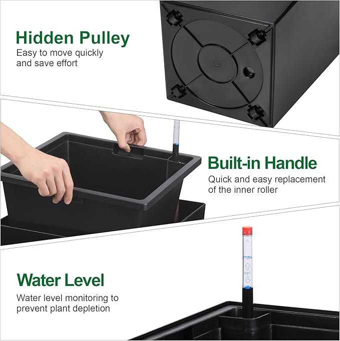 30 Inch Tall Self Watering Planters Set of 2, Outdoor Plant Pots with Automatic Watering System, Water Level Monitor, Drainage, Wheels & Inner Bucket, for Front Porch & Indoor Plants Black